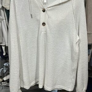 White Waffle Knit Hoodie with Buttons